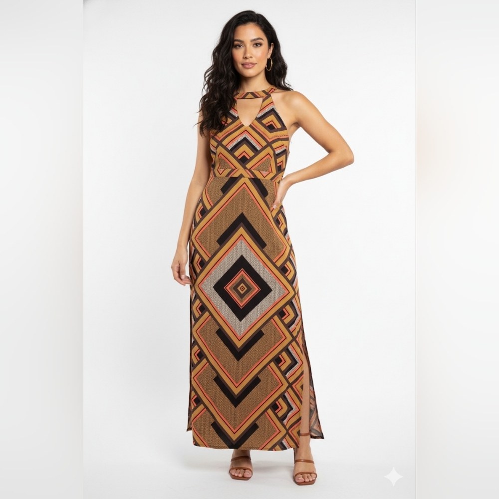Retro Goddess: Wet Seal Geometric Halter Maxi Dress - XL